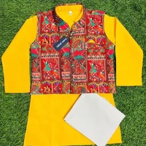Vibrant Yellow Kids Shirt with Multicolored Vest